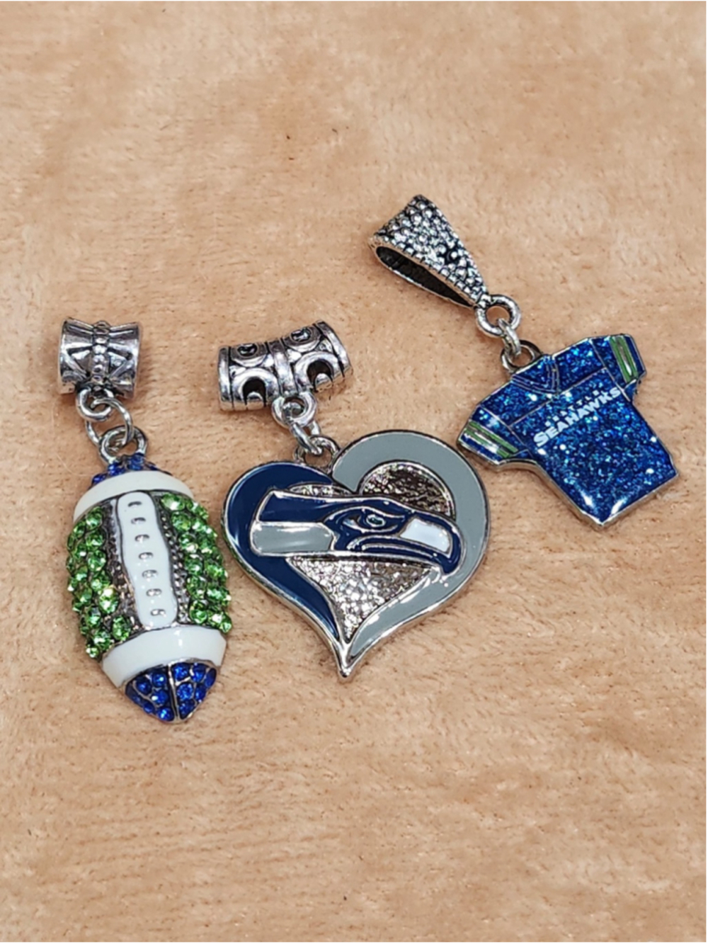 3 Seahawks Charms: Football, Heart, Jersey charm Pendants